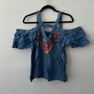 Off shoulder denim blouse with embroidery